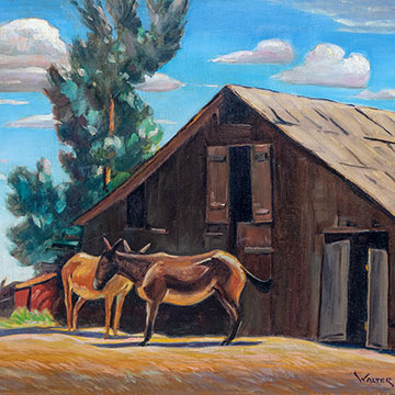 painting of two donkeys standing in front of a brown barn and a blue sky day
